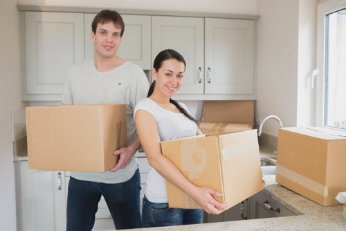 Packed business equipment ready for relocation in Aldboroughhatch