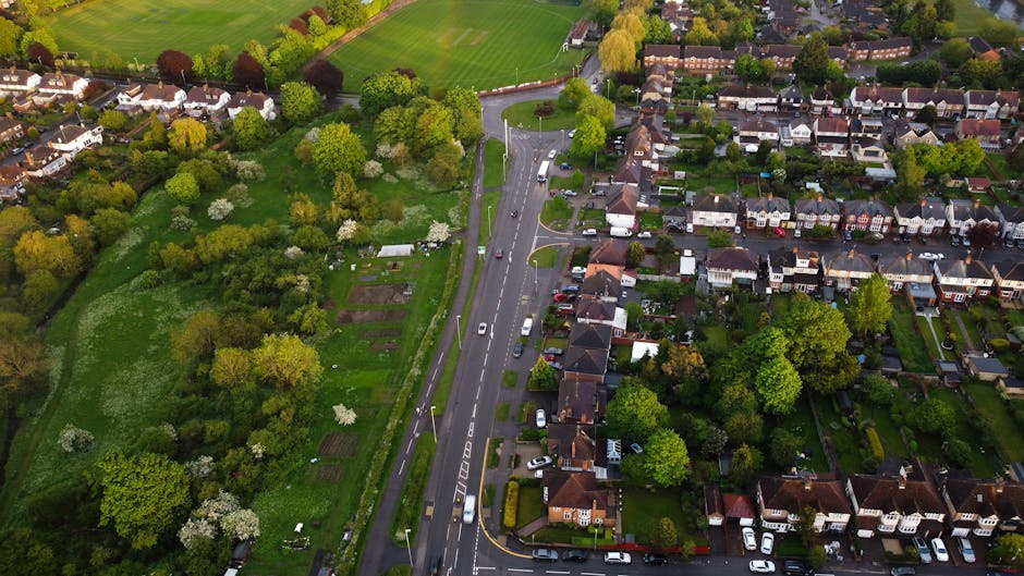 An aerial view of a residential neighbourhood showing a main road lined with parked cars and houses, with lush green gardens and trees on either side. To the left of the road, there is a large open green space with mature trees, some flowering, and small vegetable patches, indicating a community garden or allotments. The area appears calm with a few vehicles moving along the street, and the lighting suggests daytime with clear visibility. This setting exemplifies a typical suburban environment suitable for house removals and furniture transport conducted by Man with Van Aldborough Hatch, who facilitate home relocations and packing and moving services within such neighbourhoods.