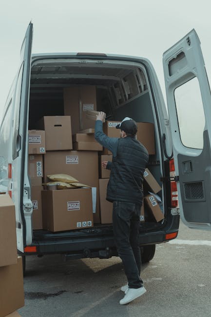 A person dressed in casual dark clothing and a cap is loading a grey moving van with multiple brown cardboard boxes filled with household items. The boxes are sealed with packing tape and some are lab