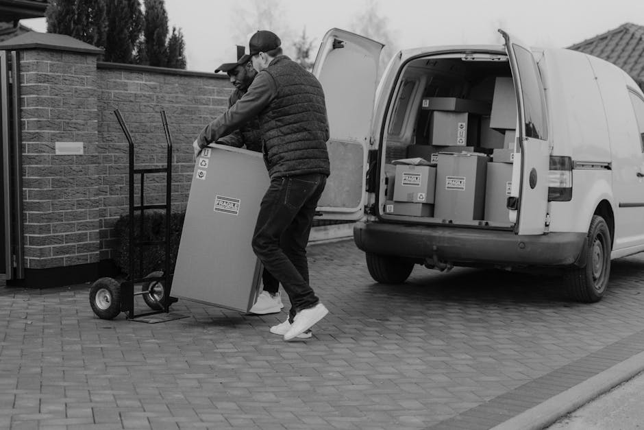 A person dressed in casual dark clothing and a cap is loading a grey moving van with multiple brown cardboard boxes filled with household items. The boxes are sealed with packing tape and some are lab
